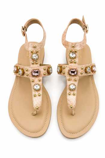 Soleart Crystal Embellished T-Strap Flat Sandals 