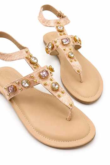 Shop_Soleart_Pink Crystal Embellished T-strap Flat Sandals _Online_at_Aza_Fashions