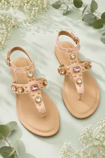 Soleart Crystal Embellished T-Strap Flat Sandals 