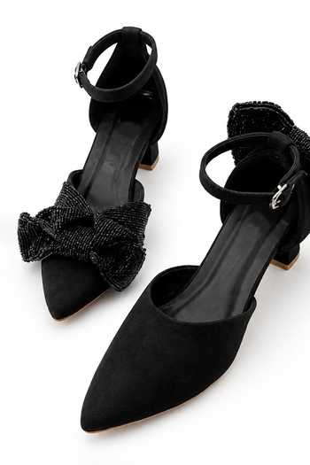 Soleart Black Boheme Noir Hand-beaded Bow Block Heels Online at Aza Fashions Soleart_Black Boheme Noir Hand-beaded Bow Block Heels _Online_at_Aza_Fashions