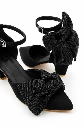 Shop Soleart Black Boheme Noir Hand-beaded Bow Block Heels Online at Aza Fashions Shop_Soleart_Black Boheme Noir Hand-beaded Bow Block Heels _Online_at_Aza_Fashions