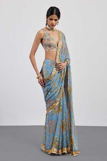 RI.Ritu Kumar Sky Blue Silk, Viscose, Chinon, Dupion V-neck Powder Bird Saree With Blouse Online at Aza Fashions RI.Ritu Kumar_Sky Blue Silk, Viscose, Chinon, Dupion V-neck Powder Bird Saree With Blouse _Online_at_Aza_Fashions