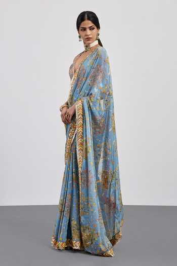 Buy RI.Ritu Kumar Sky Blue Silk, Viscose, Chinon, Dupion V-neck Powder Bird Saree With Blouse Online at Aza Fashions Buy_RI.Ritu Kumar_Sky Blue Silk, Viscose, Chinon, Dupion V-neck Powder Bird Saree With Blouse _Online_at_Aza_Fashions