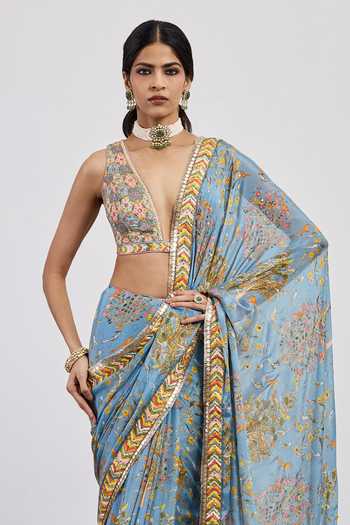 Shop RI.Ritu Kumar Sky Blue Silk, Viscose, Chinon, Dupion V-neck Powder Bird Saree With Blouse Online at Aza Fashions Shop_RI.Ritu Kumar_Sky Blue Silk, Viscose, Chinon, Dupion V-neck Powder Bird Saree With Blouse _Online_at_Aza_Fashions