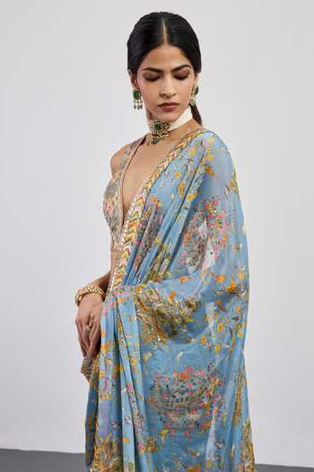 RI.Ritu Kumar Sky Blue Silk, Viscose, Chinon, Dupion V-neck Powder Bird Saree With Blouse at Aza Fashions RI.Ritu Kumar_Sky Blue Silk, Viscose, Chinon, Dupion V-neck Powder Bird Saree With Blouse _at_Aza_Fashions