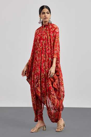 RI.Ritu Kumar Red Viscose, Chinon, Net, Lycra High Neck, Yes Printed Kurta And Churidar Set Online at Aza Fashions RI.Ritu Kumar_Red Viscose, Chinon, Net, Lycra High Neck, Yes Printed Kurta And Churidar Set _Online_at_Aza_Fashions