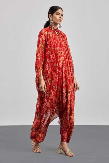 Shop RI.Ritu Kumar Red Viscose, Chinon, Net, Lycra High Neck, Yes Printed Kurta And Churidar Set Online at Aza Fashions Shop_RI.Ritu Kumar_Red Viscose, Chinon, Net, Lycra High Neck, Yes Printed Kurta And Churidar Set _Online_at_Aza_Fashions