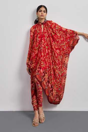 RI.Ritu Kumar Red Viscose, Chinon, Net, Lycra High Neck, Yes Printed Kurta And Churidar Set at Aza Fashions RI.Ritu Kumar_Red Viscose, Chinon, Net, Lycra High Neck, Yes Printed Kurta And Churidar Set _at_Aza_Fashions