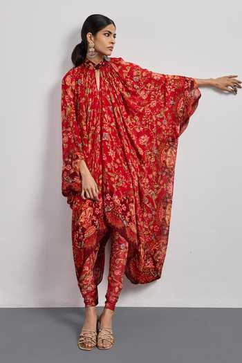 Buy RI.Ritu Kumar Red Viscose, Chinon, Net, Lycra High Neck, Yes Printed Kurta And Churidar Set Buy_RI.Ritu Kumar_Red Viscose, Chinon, Net, Lycra High Neck, Yes Printed Kurta And Churidar Set