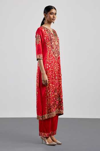 Buy_RI.Ritu Kumar_Red Silk Satin, Viscose, Chinon V-neck Printed Kurta Set _Online_at_Aza_Fashions