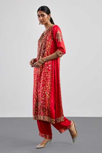 Shop_RI.Ritu Kumar_Red Silk Satin, Viscose, Chinon V-neck Printed Kurta Set _Online_at_Aza_Fashions