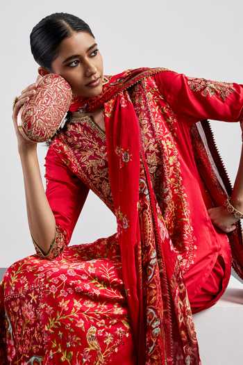 RI.Ritu Kumar_Red Silk Satin, Viscose, Chinon V-neck Printed Kurta Set _at_Aza_Fashions