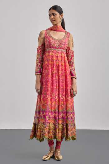 RI.Ritu Kumar Fuchsia Silk, Chanderi, Cotton, Lycra, Viscose, Net, Chinon Printed Anarkali Set Online at Aza Fashions RI.Ritu Kumar_Fuchsia Silk, Chanderi, Cotton, Lycra, Viscose, Net, Chinon Printed Anarkali Set _Online_at_Aza_Fashions