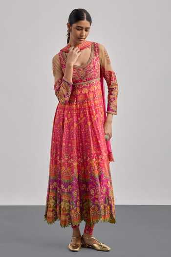 Buy RI.Ritu Kumar Fuchsia Silk, Chanderi, Cotton, Lycra, Viscose, Net, Chinon Printed Anarkali Set Online at Aza Fashions Buy_RI.Ritu Kumar_Fuchsia Silk, Chanderi, Cotton, Lycra, Viscose, Net, Chinon Printed Anarkali Set _Online_at_Aza_Fashions