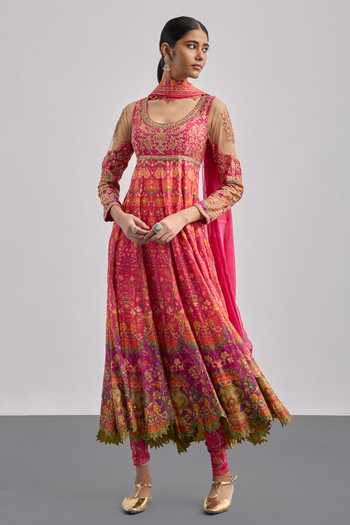 Shop RI.Ritu Kumar Fuchsia Silk, Chanderi, Cotton, Lycra, Viscose, Net, Chinon Printed Anarkali Set Online at Aza Fashions Shop_RI.Ritu Kumar_Fuchsia Silk, Chanderi, Cotton, Lycra, Viscose, Net, Chinon Printed Anarkali Set _Online_at_Aza_Fashions