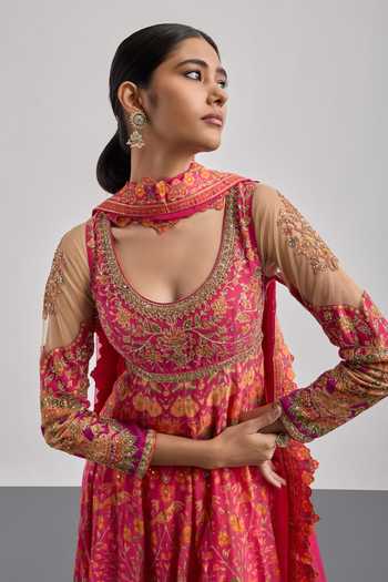 RI.Ritu Kumar Fuchsia Silk, Chanderi, Cotton, Lycra, Viscose, Net, Chinon Printed Anarkali Set at Aza Fashions RI.Ritu Kumar_Fuchsia Silk, Chanderi, Cotton, Lycra, Viscose, Net, Chinon Printed Anarkali Set _at_Aza_Fashions