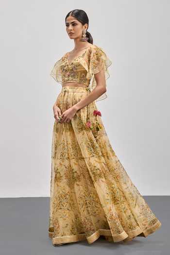 RI.Ritu Kumar Beige Silk Organza, Net V-neck Bird Print Lehenga Set Online at Aza Fashions RI.Ritu Kumar_Beige Silk Organza, Net V-neck Bird Print Lehenga Set _Online_at_Aza_Fashions