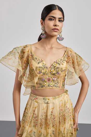 Buy RI.Ritu Kumar Beige Silk Organza, Net V-neck Bird Print Lehenga Set Online at Aza Fashions Buy_RI.Ritu Kumar_Beige Silk Organza, Net V-neck Bird Print Lehenga Set _Online_at_Aza_Fashions