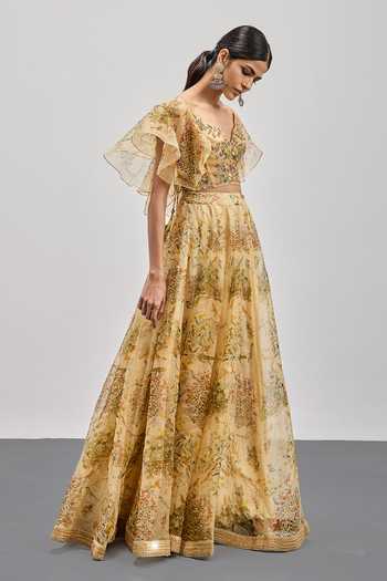Shop RI.Ritu Kumar Beige Silk Organza, Net V-neck Bird Print Lehenga Set Online at Aza Fashions Shop_RI.Ritu Kumar_Beige Silk Organza, Net V-neck Bird Print Lehenga Set _Online_at_Aza_Fashions