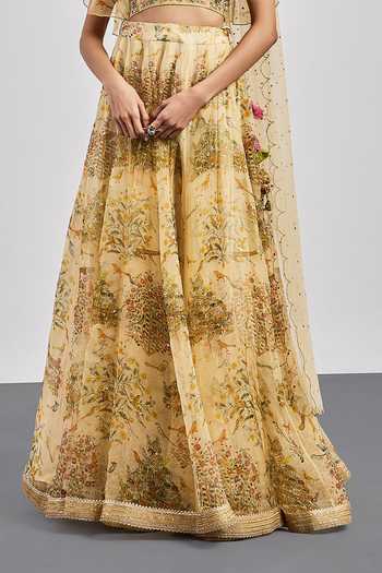RI.Ritu Kumar Beige Silk Organza, Net V-neck Bird Print Lehenga Set at Aza Fashions RI.Ritu Kumar_Beige Silk Organza, Net V-neck Bird Print Lehenga Set _at_Aza_Fashions