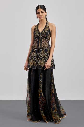 RI.Ritu Kumar Black Silk Organza, Silk, Chanderi, Cotton, Bird Embroidered Kurta Gharara Set Online at Aza Fashions RI.Ritu Kumar_Black Silk Organza, Silk, Chanderi, Cotton, Bird Embroidered Kurta Gharara Set _Online_at_Aza_Fashions