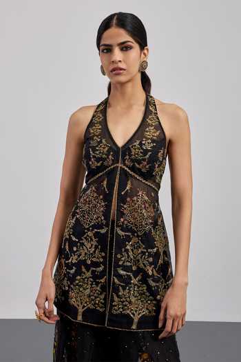 Buy RI.Ritu Kumar Black Silk Organza, Silk, Chanderi, Cotton, Bird Embroidered Kurta Gharara Set Online at Aza Fashions Buy_RI.Ritu Kumar_Black Silk Organza, Silk, Chanderi, Cotton, Bird Embroidered Kurta Gharara Set _Online_at_Aza_Fashions