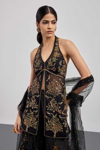 Shop RI.Ritu Kumar Black Silk Organza, Silk, Chanderi, Cotton, Bird Embroidered Kurta Gharara Set Online at Aza Fashions Shop_RI.Ritu Kumar_Black Silk Organza, Silk, Chanderi, Cotton, Bird Embroidered Kurta Gharara Set _Online_at_Aza_Fashions