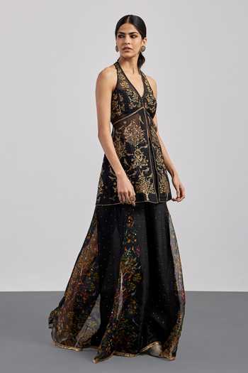 RI.Ritu Kumar Black Silk Organza, Silk, Chanderi, Cotton, Bird Embroidered Kurta Gharara Set at Aza Fashions RI.Ritu Kumar_Black Silk Organza, Silk, Chanderi, Cotton, Bird Embroidered Kurta Gharara Set _at_Aza_Fashions