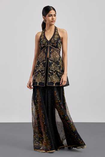 Buy RI.Ritu Kumar Black Silk Organza, Silk, Chanderi, Cotton, Bird Embroidered Kurta Gharara Set Buy_RI.Ritu Kumar_Black Silk Organza, Silk, Chanderi, Cotton, Bird Embroidered Kurta Gharara Set