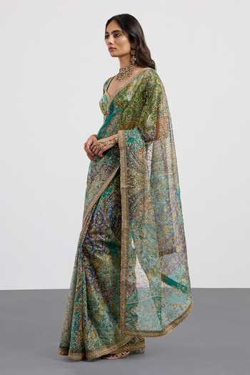 Shop RI.Ritu Kumar Green , Organza, Dupion Sweetheart Patchwork Motif Saree With Blouse Online at Aza Fashions Shop_RI.Ritu Kumar_Green , Organza, Dupion Sweetheart Patchwork Motif Saree With Blouse _Online_at_Aza_Fashions