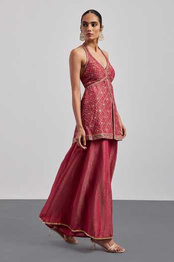 RI.Ritu Kumar Pink Viscose, Lurex, Tissue, Net, Polyester Halter Embroidered Kurta Palazzo Set Online at Aza Fashions RI.Ritu Kumar_Pink Viscose, Lurex, Tissue, Net, Polyester Halter Embroidered Kurta Palazzo Set _Online_at_Aza_Fashions