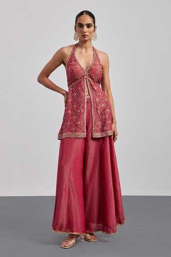 Buy RI.Ritu Kumar Pink Viscose, Lurex, Tissue, Net, Polyester Halter Embroidered Kurta Palazzo Set Online at Aza Fashions Buy_RI.Ritu Kumar_Pink Viscose, Lurex, Tissue, Net, Polyester Halter Embroidered Kurta Palazzo Set _Online_at_Aza_Fashions