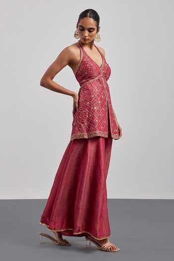 Shop RI.Ritu Kumar Pink Viscose, Lurex, Tissue, Net, Polyester Halter Embroidered Kurta Palazzo Set Online at Aza Fashions Shop_RI.Ritu Kumar_Pink Viscose, Lurex, Tissue, Net, Polyester Halter Embroidered Kurta Palazzo Set _Online_at_Aza_Fashions