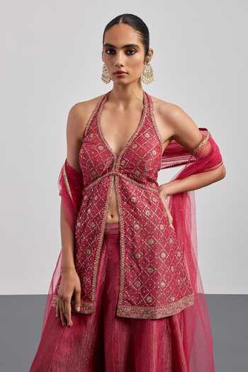 RI.Ritu Kumar Pink Viscose, Lurex, Tissue, Net, Polyester Halter Embroidered Kurta Palazzo Set at Aza Fashions RI.Ritu Kumar_Pink Viscose, Lurex, Tissue, Net, Polyester Halter Embroidered Kurta Palazzo Set _at_Aza_Fashions
