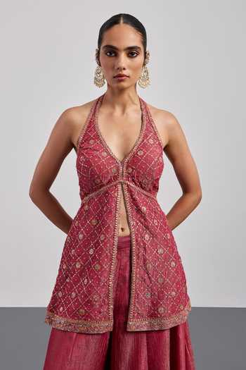 Buy RI.Ritu Kumar Pink Viscose, Lurex, Tissue, Net, Polyester Halter Embroidered Kurta Palazzo Set Buy_RI.Ritu Kumar_Pink Viscose, Lurex, Tissue, Net, Polyester Halter Embroidered Kurta Palazzo Set