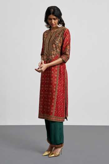 RI.Ritu Kumar Burgundy Silk, Chanderi, Cotton, Crepe, Viscose, Rayon, Bagh Print Kurta Set Online at Aza Fashions RI.Ritu Kumar_Burgundy Silk, Chanderi, Cotton, Crepe, Viscose, Rayon, Bagh Print Kurta Set _Online_at_Aza_Fashions