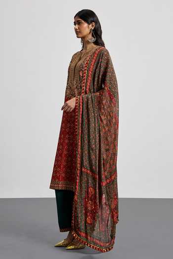 Shop RI.Ritu Kumar Burgundy Silk, Chanderi, Cotton, Crepe, Viscose, Rayon, Bagh Print Kurta Set Online at Aza Fashions Shop_RI.Ritu Kumar_Burgundy Silk, Chanderi, Cotton, Crepe, Viscose, Rayon, Bagh Print Kurta Set _Online_at_Aza_Fashions
