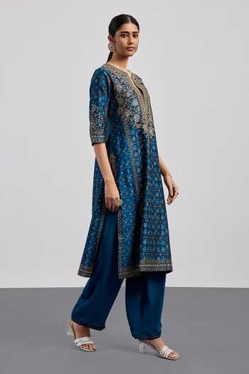 RI.Ritu Kumar_Blue Silk, Chanderi, Cotton, Crepe, Viscose, Rayon, Bagh Print Kurta Pant Set _Online_at_Aza_Fashions