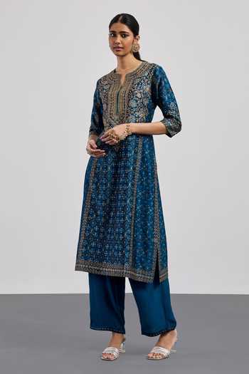 Buy_RI.Ritu Kumar_Blue Silk, Chanderi, Cotton, Crepe, Viscose, Rayon, Bagh Print Kurta Pant Set _Online_at_Aza_Fashions