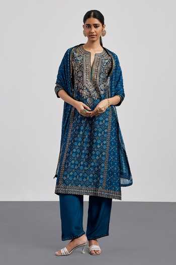 Shop_RI.Ritu Kumar_Blue Silk, Chanderi, Cotton, Crepe, Viscose, Rayon, Bagh Print Kurta Pant Set _Online_at_Aza_Fashions