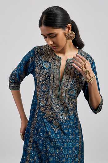 RI.Ritu Kumar_Blue Silk, Chanderi, Cotton, Crepe, Viscose, Rayon, Bagh Print Kurta Pant Set _at_Aza_Fashions