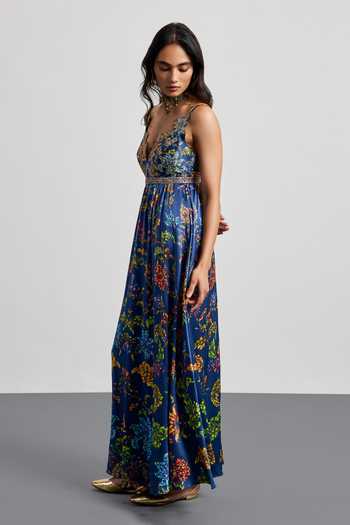 RI.Ritu Kumar Blue Silk Satin V-neck Printed Dress Online at Aza Fashions RI.Ritu Kumar_Blue Silk Satin V-neck Printed Dress _Online_at_Aza_Fashions