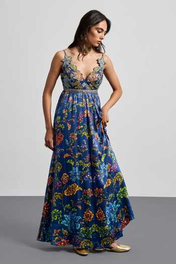 Buy RI.Ritu Kumar Blue Silk Satin V-neck Printed Dress Online at Aza Fashions Buy_RI.Ritu Kumar_Blue Silk Satin V-neck Printed Dress _Online_at_Aza_Fashions