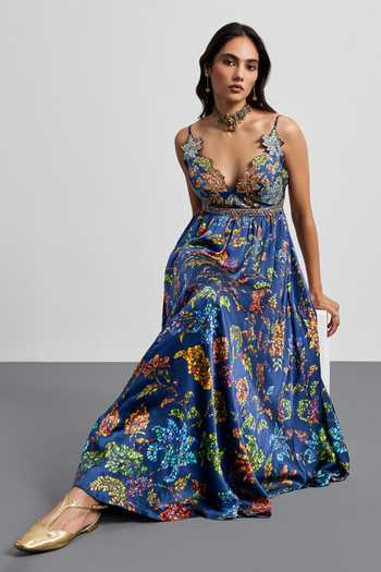 Shop RI.Ritu Kumar Blue Silk Satin V-neck Printed Dress Online at Aza Fashions Shop_RI.Ritu Kumar_Blue Silk Satin V-neck Printed Dress _Online_at_Aza_Fashions