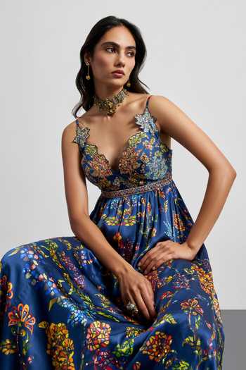 RI.Ritu Kumar Blue Silk Satin V-neck Printed Dress at Aza Fashions RI.Ritu Kumar_Blue Silk Satin V-neck Printed Dress _at_Aza_Fashions