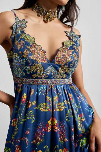 Buy RI.Ritu Kumar Blue Silk Satin V-neck Printed Dress Buy_RI.Ritu Kumar_Blue Silk Satin V-neck Printed Dress