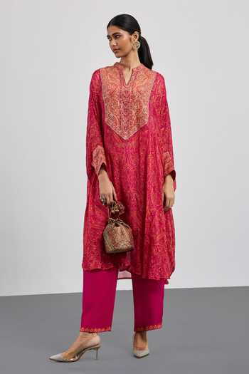 RI.Ritu Kumar_Fuchsia Viscose, Chinon, Jersey, Lycra, Rayon Mandarin Printed Kaftan With Pant _Online_at_Aza_Fashions