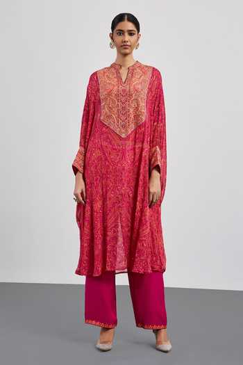 Buy_RI.Ritu Kumar_Fuchsia Viscose, Chinon, Jersey, Lycra, Rayon Mandarin Printed Kaftan With Pant _Online_at_Aza_Fashions