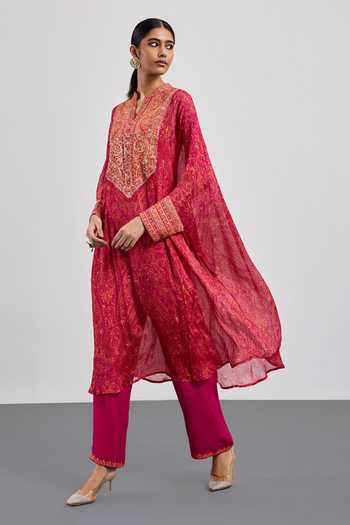 Shop_RI.Ritu Kumar_Fuchsia Viscose, Chinon, Jersey, Lycra, Rayon Mandarin Printed Kaftan With Pant _Online_at_Aza_Fashions