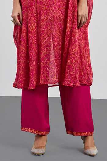 RI.Ritu Kumar_Fuchsia Viscose, Chinon, Jersey, Lycra, Rayon Mandarin Printed Kaftan With Pant _at_Aza_Fashions